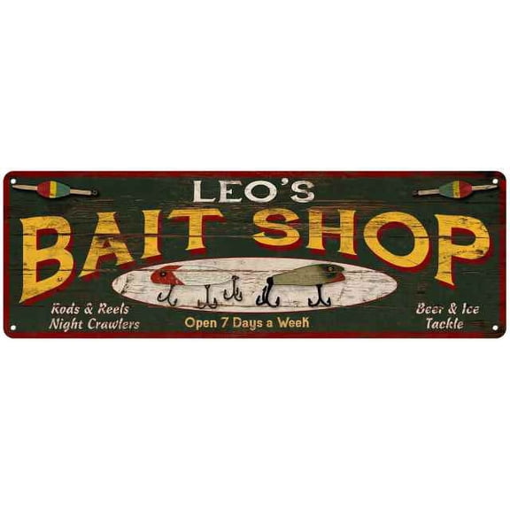LEO'S Bait Shop Sign Wood Look Man Cave Den Gift 6x18 Metal 106180024171