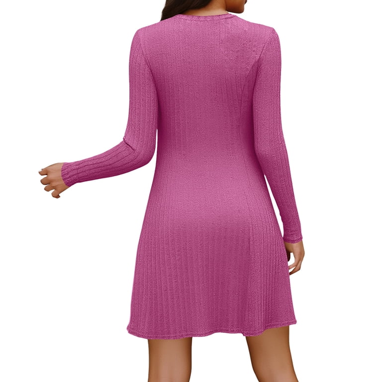 Haotags Dresses Long Sleeves Round Neck Homecoming Dresses 2025 Floral Knit Plush Pink Dress Hot Pink L, Women's, Size: Large