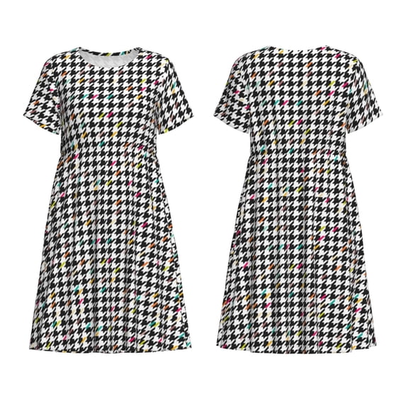 Horeoi Black And White Houndstooth Print Women's Short Sleeve Dress Breathable Polyester-Spandex All-Over Print A-Line Side Pockets Elastic Waist
