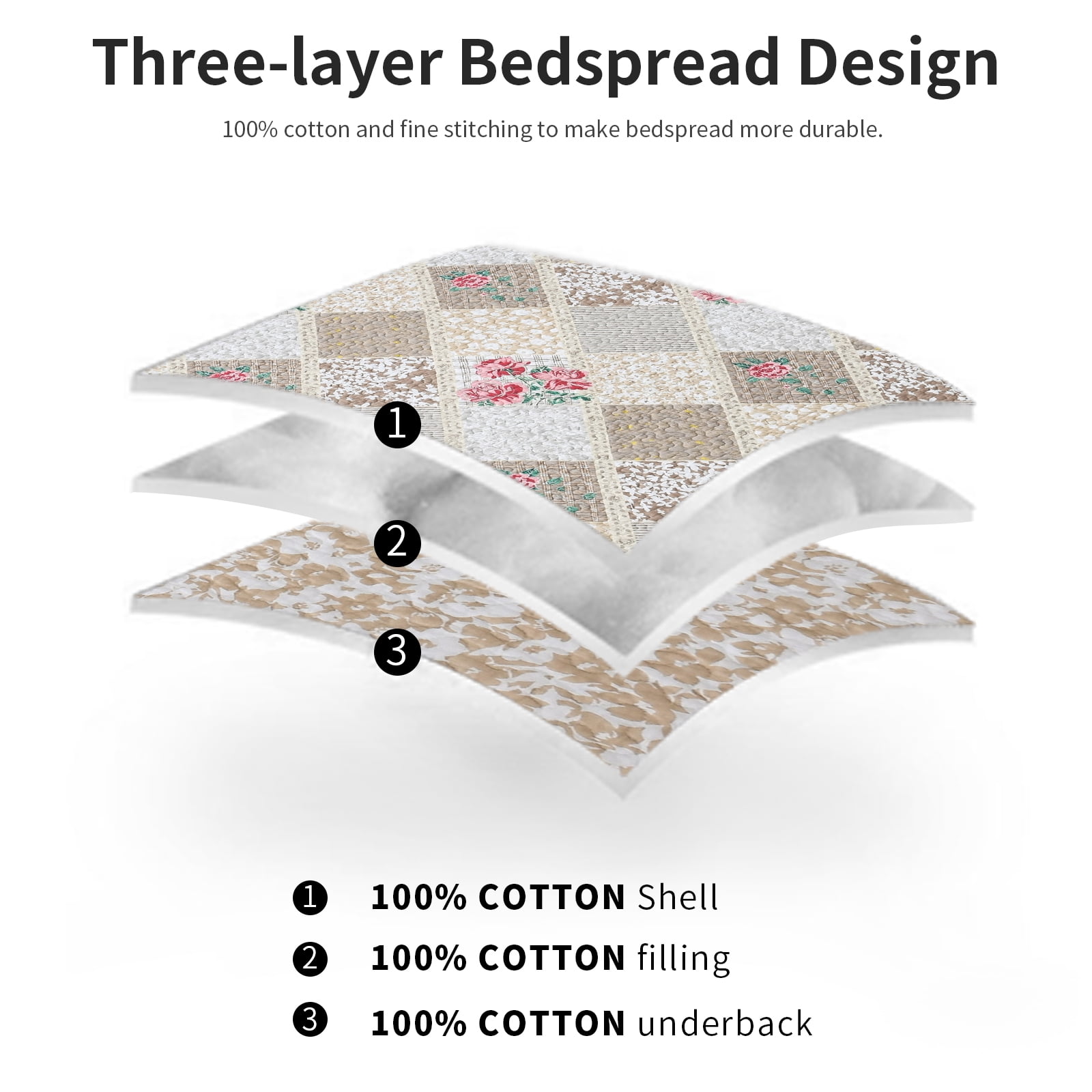 DDUOXIN 128x120 Bedspreads for King Size Bed - 100% Cotton Brown Beige Red Floral Patchwork Plaid Reversible California King Size Bedspread, Lightweight Cal Oversized King Quilts Bedding Set, 3 Piece