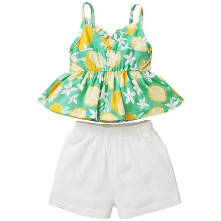 

ZRBYWB Girl Clothes Spring Autumn Korean Style Fruit Print Camisole Top + Solid Shorts Two Piece Set
