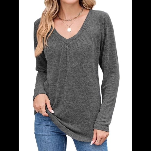 Camisetas de Larga para Mujer, Cuello en V, Suaves, Básicas, Holgadas, Informales, Moda de Otoño. Gris Oscuro XXL