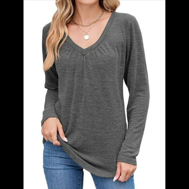 Camisetas de Larga para Mujer, Cuello en V, Suaves, Básicas, Holgadas, Informales, Moda de Otoño. Gris Oscuro XXL