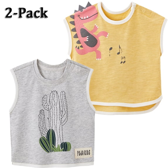 Gyratedream Baby Boys Cotton Cartoon Dinosaur Plant Printed Vest T-shirt, 2 Pack, Basic Sleeveless Shirt Tops for Toddler Kids 9M-4T
