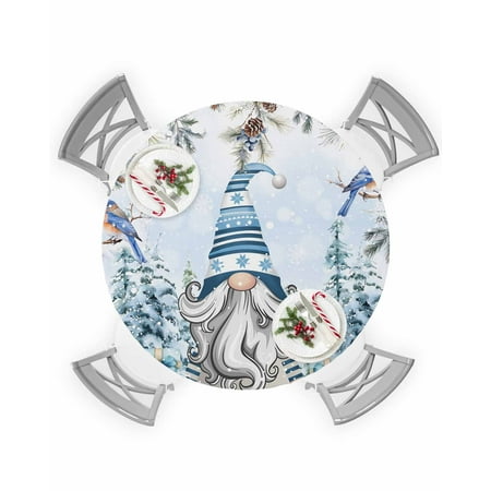 

Round Tablecloth with Elastic Christmas Gnome Winter Xmas Tree Robin Pine Tree Gifts Blue Waterproof Table Cover Wipeable Fitted Table Cloths for 45 -54 Round Tables Dining Kitchen