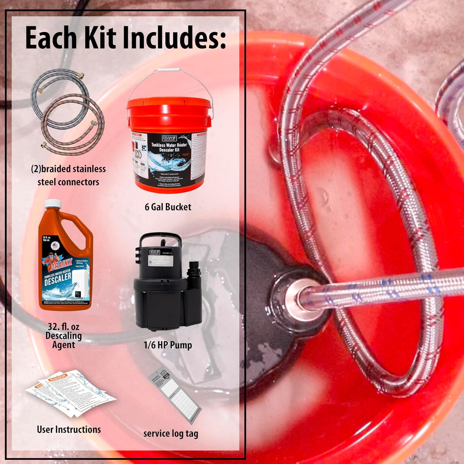 DrainX Tankless Water Heater Flushing Kit with Eco-Safe Descaler Solution, 1/6 HP Pump, Steel Hoses