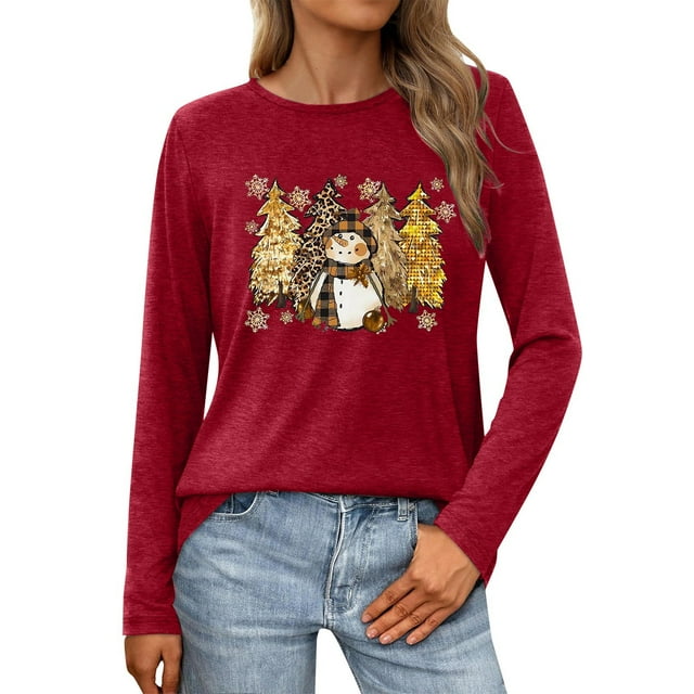 SNKSDGM Hauts à Manches Longues pour Femmes Décontracté Chic Printemps 2026 T-Shirt de Noël Imprimé Lettre T-Shirt Graphique Arbre de Noël Col Rond Manches Longues P