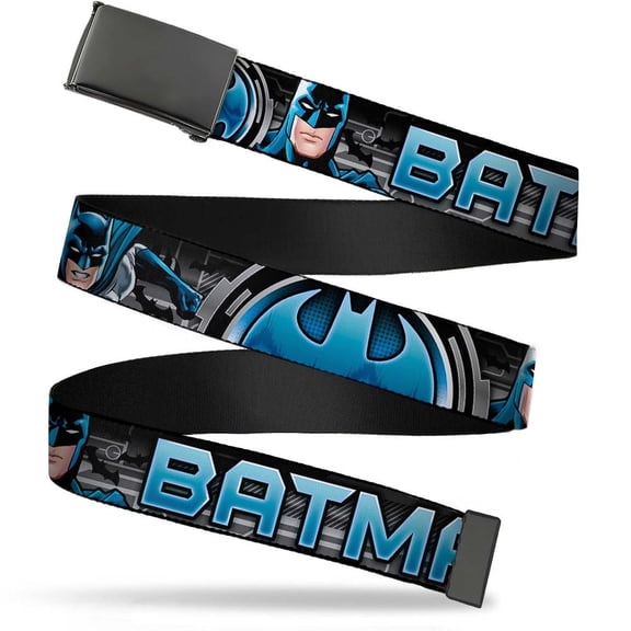 Adjustable Belt, Clamp Buckle, Cut-to-Fit, Batman Poses Bat Signal Close Up Black Grays Blues