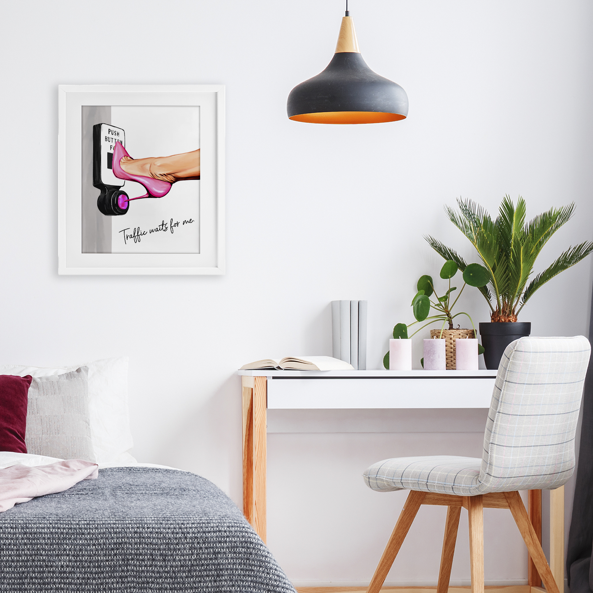 Traffic Waits for Me Heels White Framed Print Under Glass, design by Ziwei Li