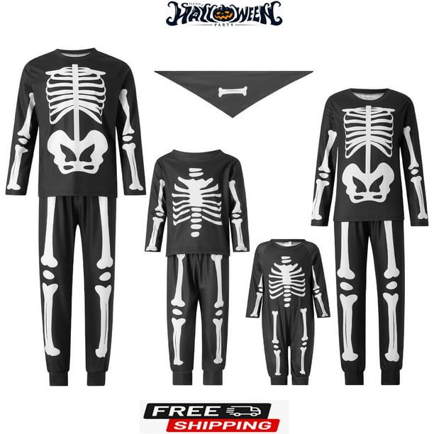 Halloween Family Matching Pajamas Adult Kids Skull Skeleton Print Long ...