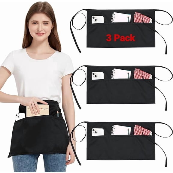 HUANOR 3 Pack Waist Apron with 3 Pockets, Unisex Black Waiter Aprons, Water Resistant Server Aprons for Restaurant, Chef, Bar, Catering, Home Use