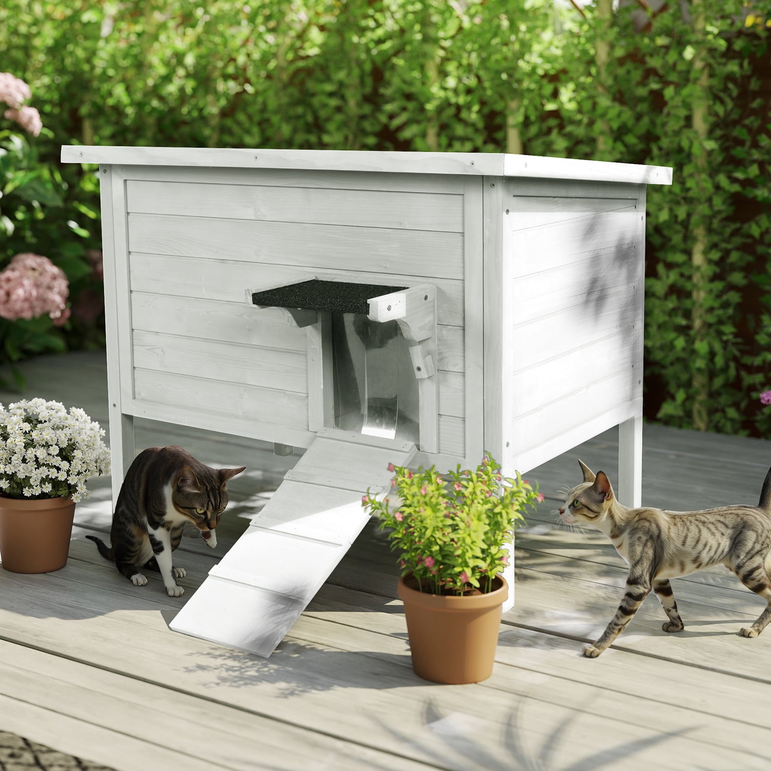 Hidpriva Insulated Wooden Outdoor Cat House, Weather-Resistant Feral Cat Shelter for Winter w/ Foldable Ladder & Visible Window, White