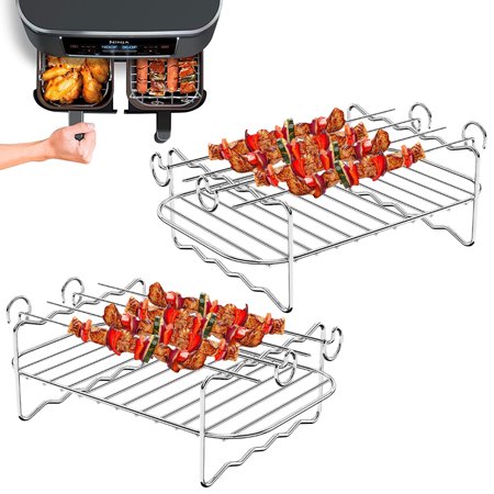 Air Fryer Rack for Ninja Dual Air Fryer, Stainless Steel Double Layer Rack with 4 Skewers Air Fryer Steam Rack Grilling(2*Double Layer Rack)
