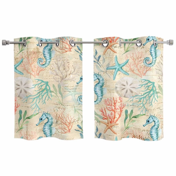 Teal Red Coastal Kitchen Curtains Window Panels, Nautical Seahorse Beach Coral Starfish Beige Insulated Window Treatment Curtain, Grommet Curtains for Bedroom/Living Room, 2 Piece 27.5"Wx39"L
