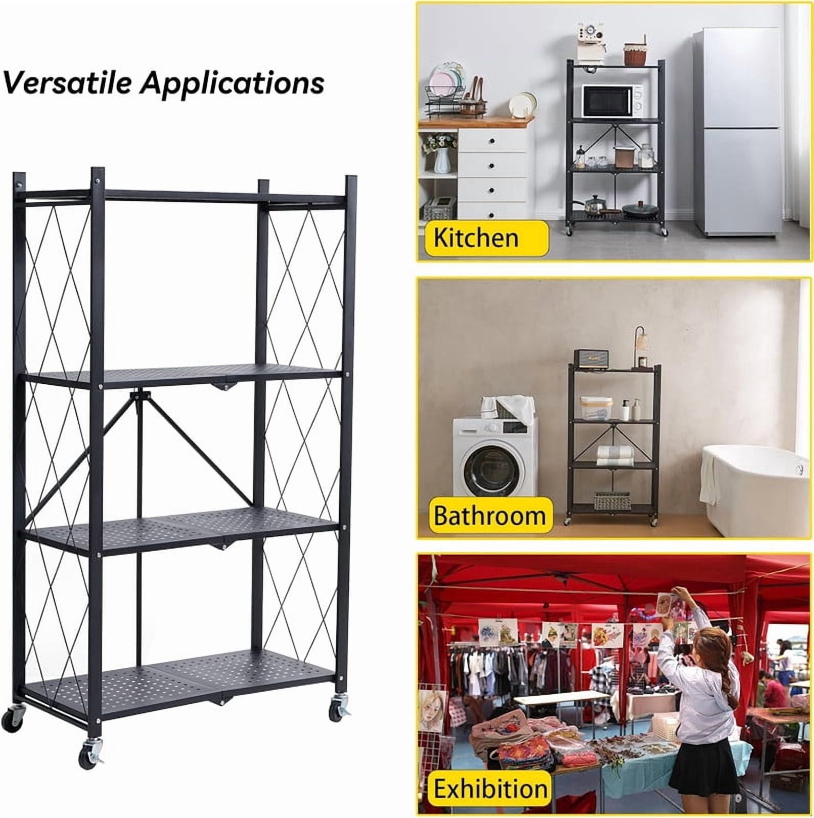 Foldable 4-Tier Heavy Duty Storage Rack with Wheels,Rolling Utility Cart for Kitchen, Garage, Living Room, Study, Basement