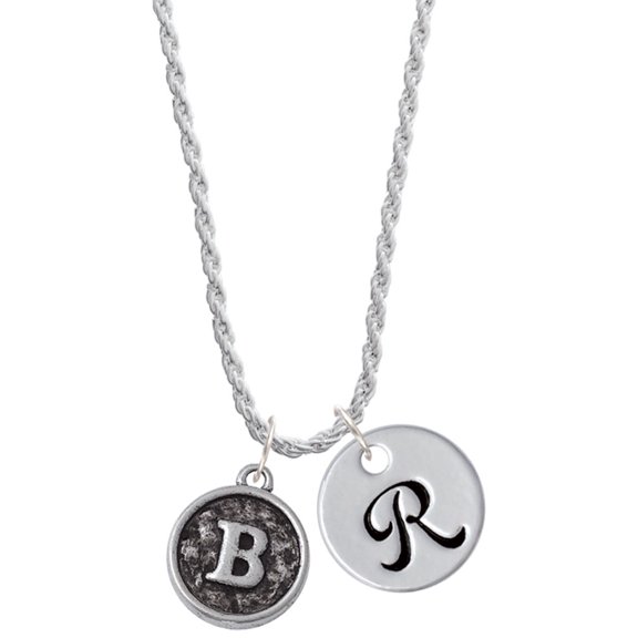 Delight Jewelry Silvertone Antiqued Round Seal - Initial - B - Silvertone Script Initial Disc - R - Charm Necklace, 20" 3"