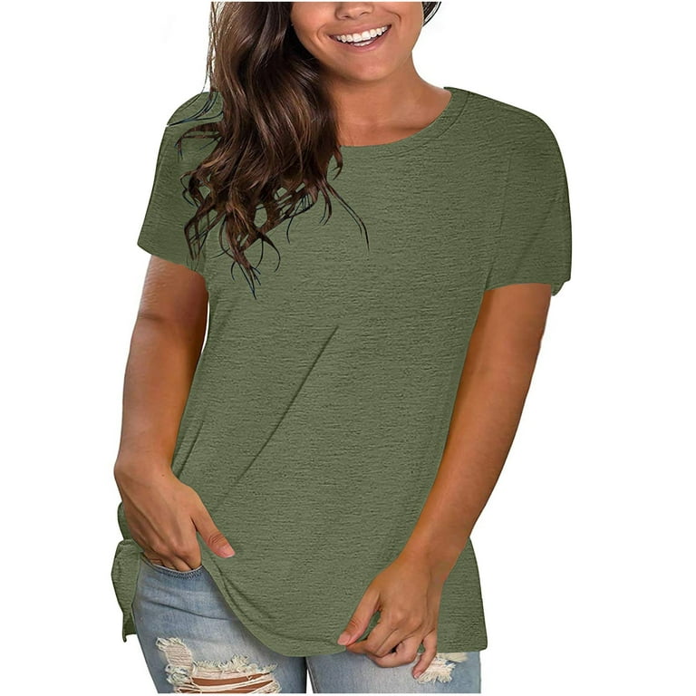Zpanxa Womens Tops Short Sleeve Summer T-Shirts Curved Hem Casual Fashion  Shirts Army Green L 