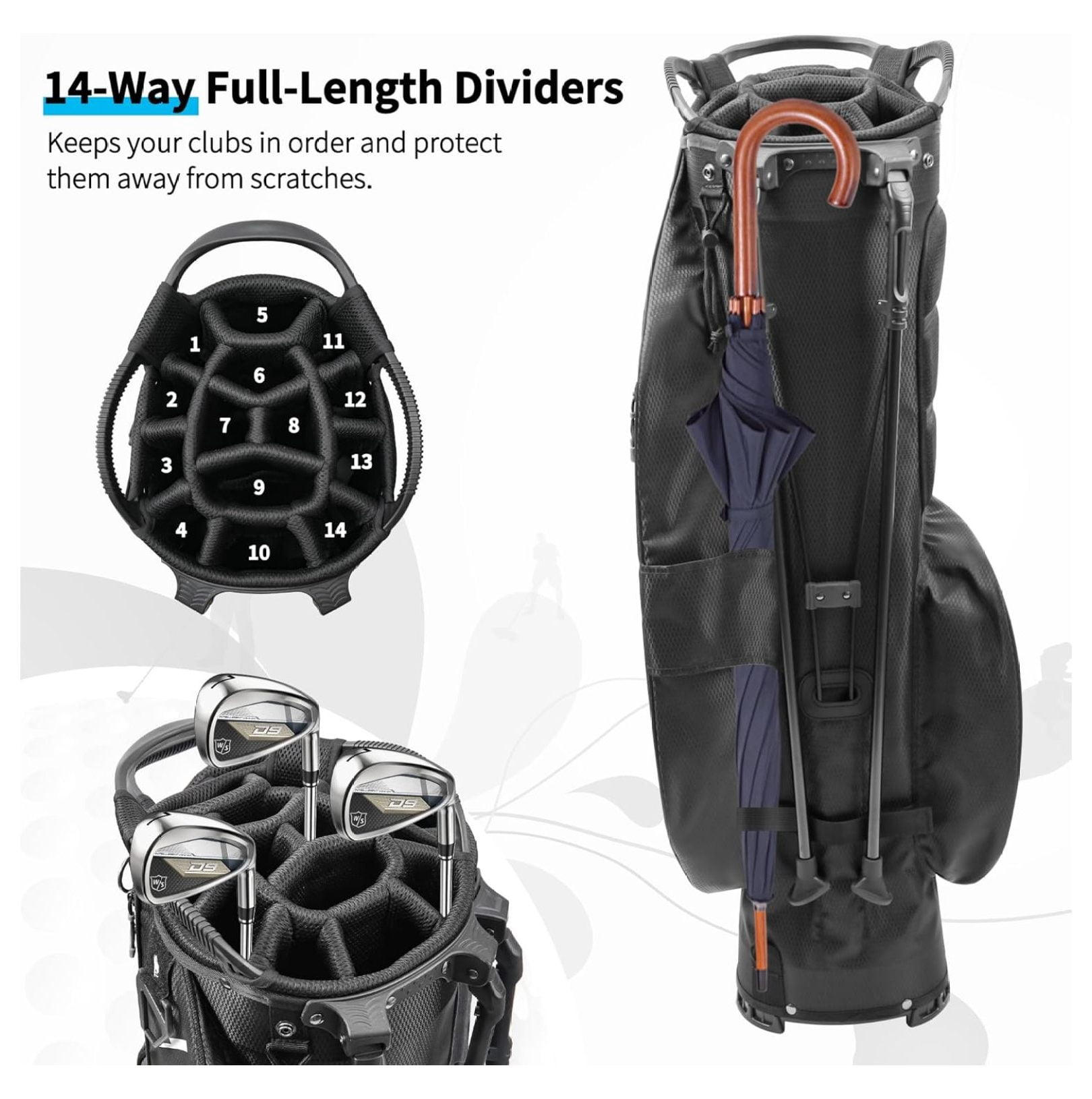 Golf Stand Bag 14 Way Full-Length Dividers with Stand, Lightweight Waterproof Golf Bag, 8 Pockets, Cooler Pouch,Golf Club Bag for Men, Dual Strap, Rain Hood, Black