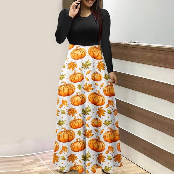 LEKWK Halloween Dresses for Women Graphic Print Long Sleeve Maxi Dress Crewneck Vintage Funny Holiday Party Cosplay Medieval Dress