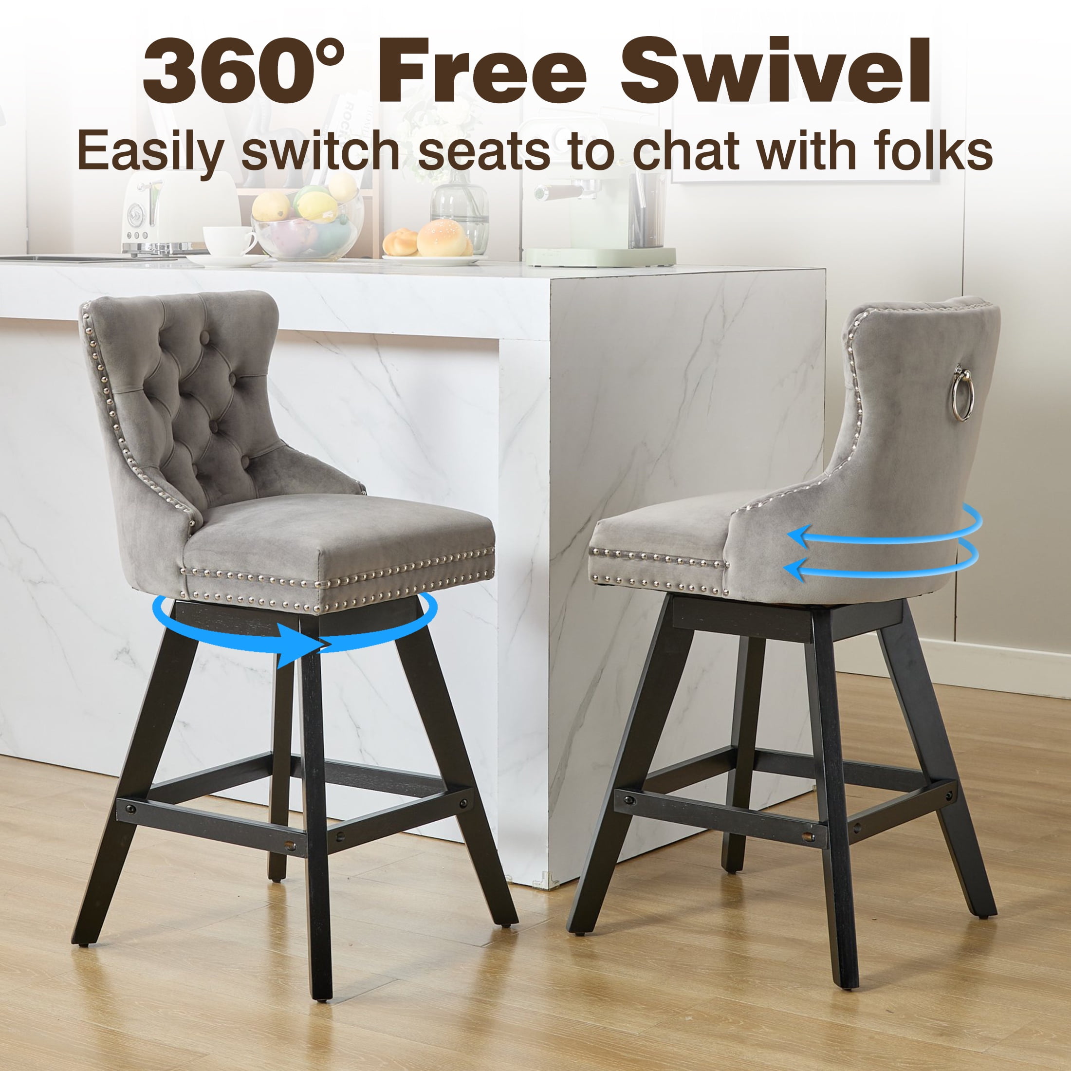 Swivel Bar Stools Set of 2, Velvet Counter Height Bar Stools with Back, Swivel Dining Chair with Button Tufted and Wooden Legs, Kitchen Chair Counter Stools for Kitchen Island Kitchen Counter, Gray