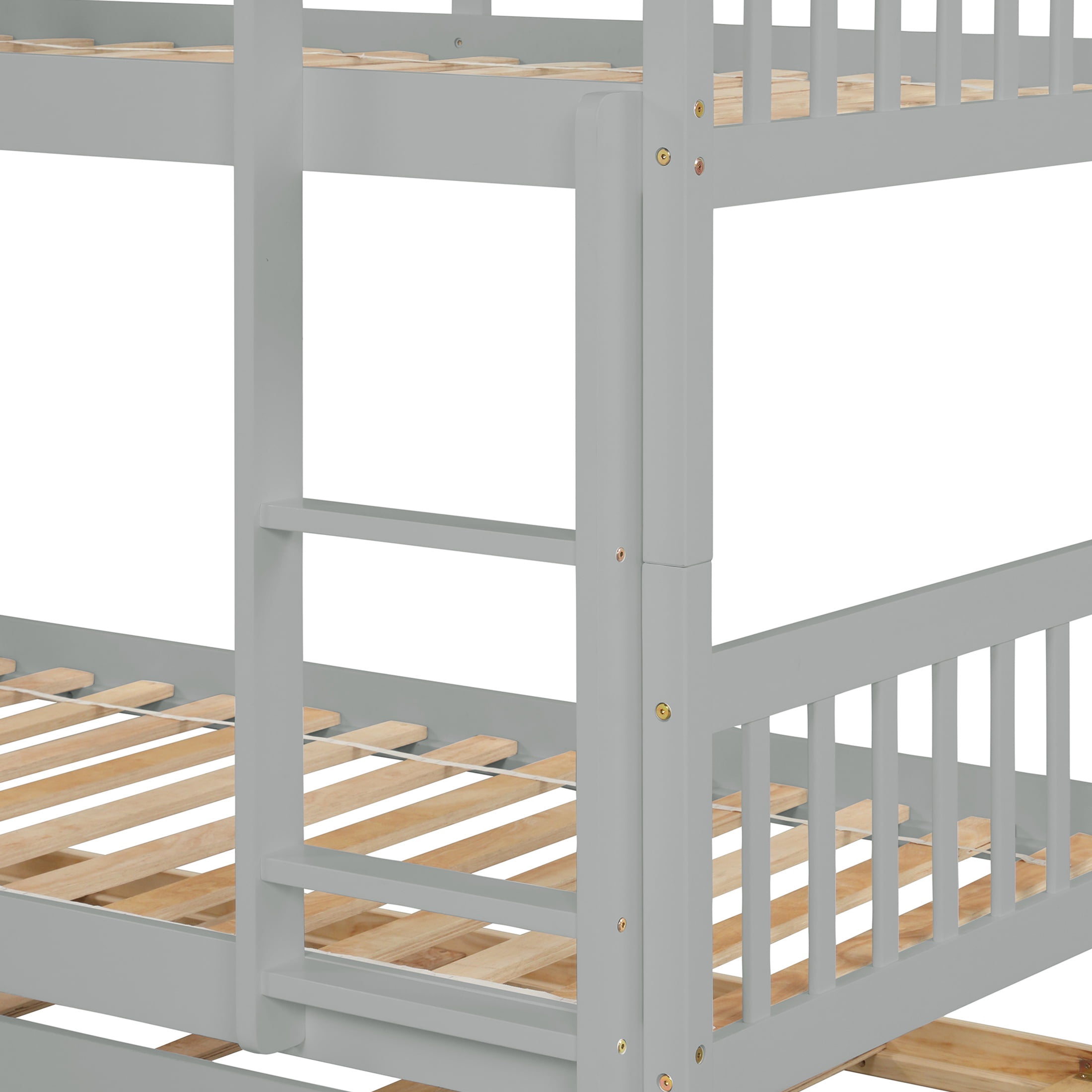 PORKISS Bunk Bed with Trundle, Twin Over Twin Bunk Bed Frame Can Convertible 2 Platform Bed, Wood Bunk Bed Built-in Ladder for Kids Teens Adults, Grey