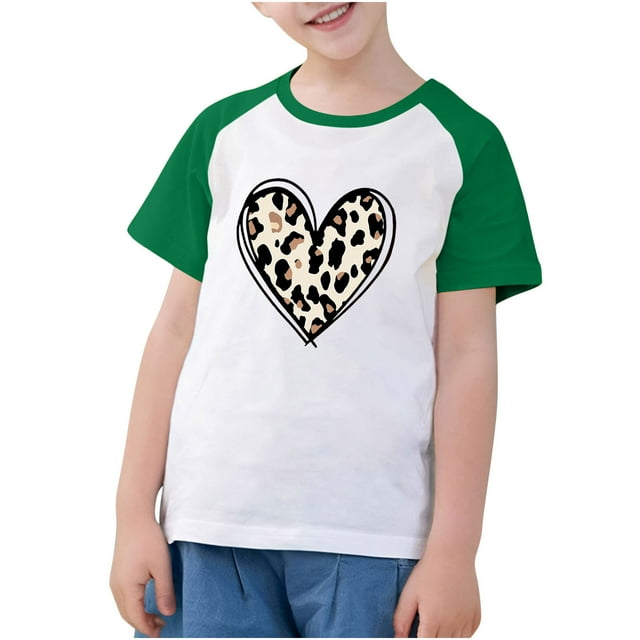 T-shirt à Col Rond à Manches Courtes pour Fille avec Imprimé Cœur, Haut Décontracté d'Été