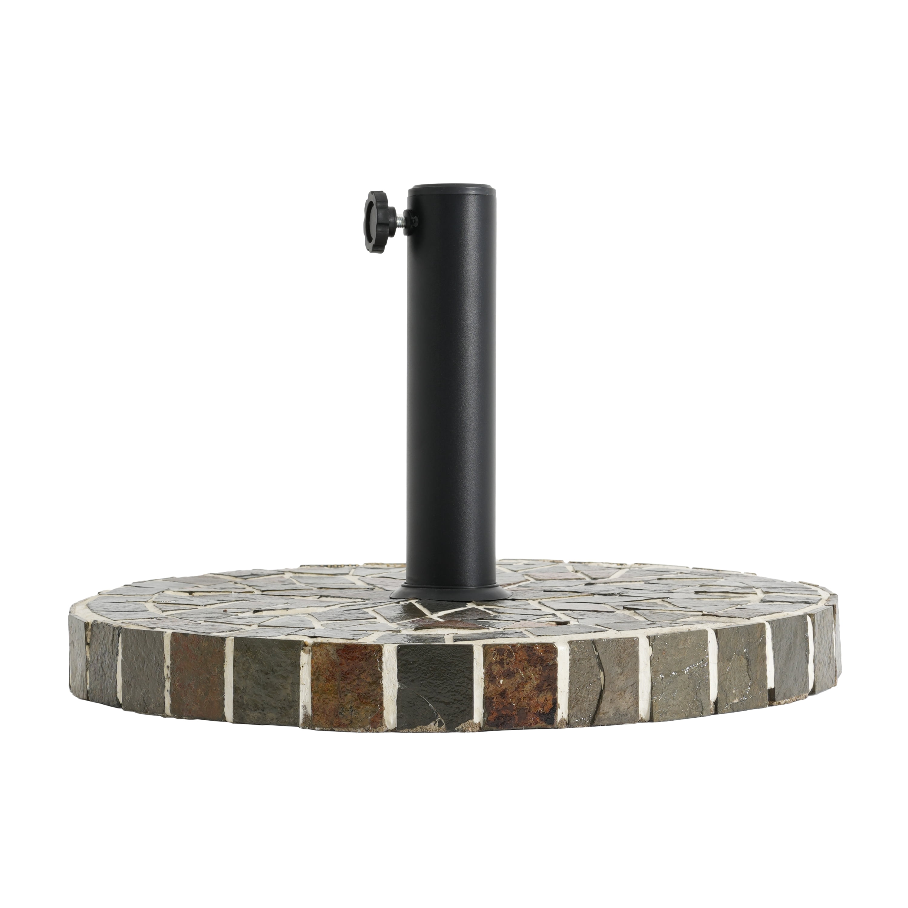 Umbrella Base with Ceramic Tile Mosaic and Concrete Fill, Round Patio Umbrella Stand and Outdoor Shade Base with Iron Pole, Mixed Color