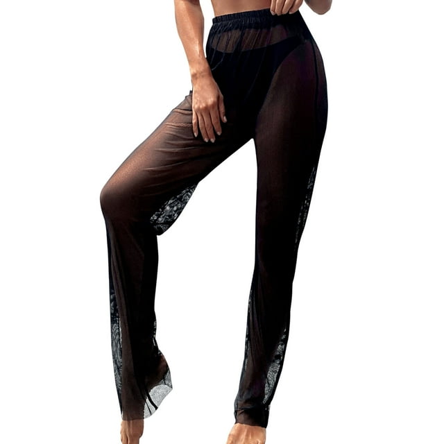 FhsagQ Combinaison en Résille pour Femmes, Pantalon de Plage avec Volants, Noir G
