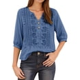 thumbnail image 2 of 3/4 Length Sleeve Womens Tops Spring Summer Casual Cotton Linen Lightweight V Neck Embroidered T Shirts Blouse, 2 of 6