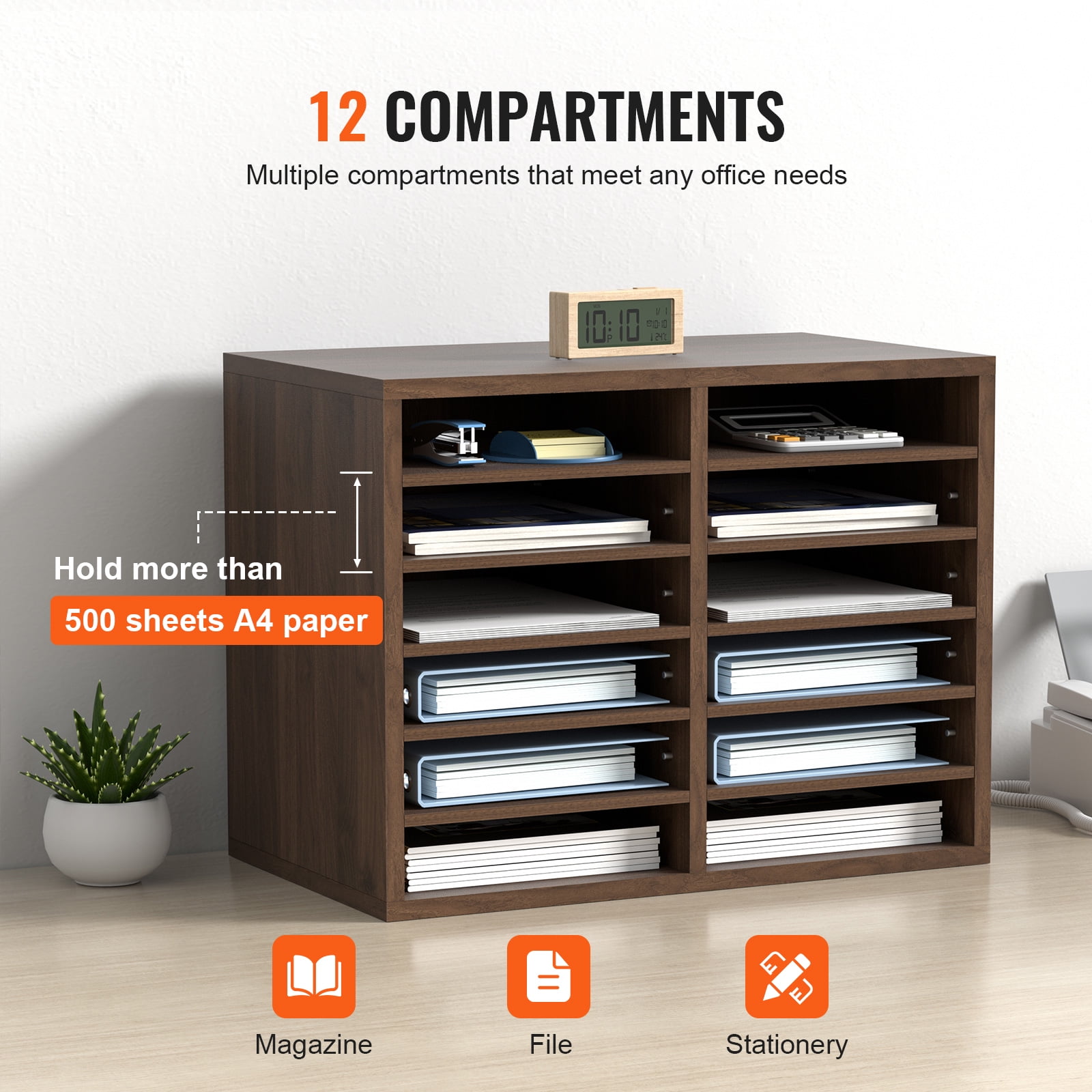 BENTISM Wood 12 -Compartment Freestanding Literature Display Rack & Organizer Type, Brown