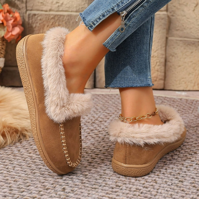 fleece lined dress shoes Womens Fluffy Fleece Lined Slip On Loafers Winter Warm Suede Snow Booties  Comfortable Non Slip Dress Shoes