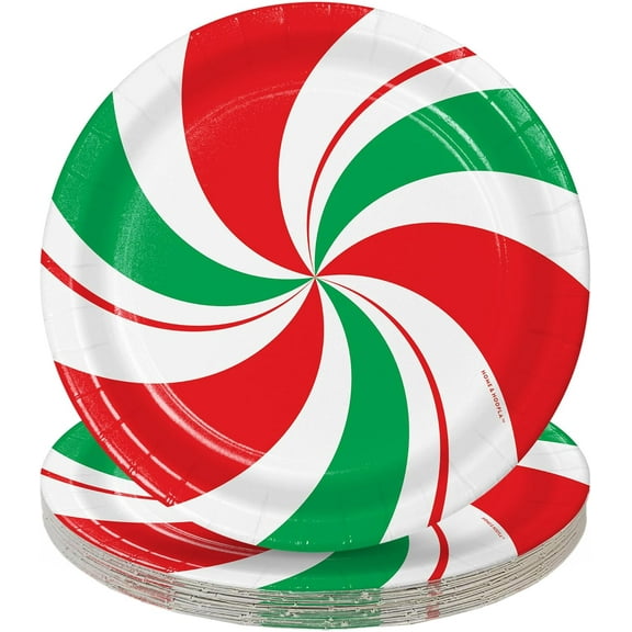 HOME & HOOPLA Peppermint Party Supplies - Red & Green Candy Swirls Round Paper Dessert Plates for 16 Guests