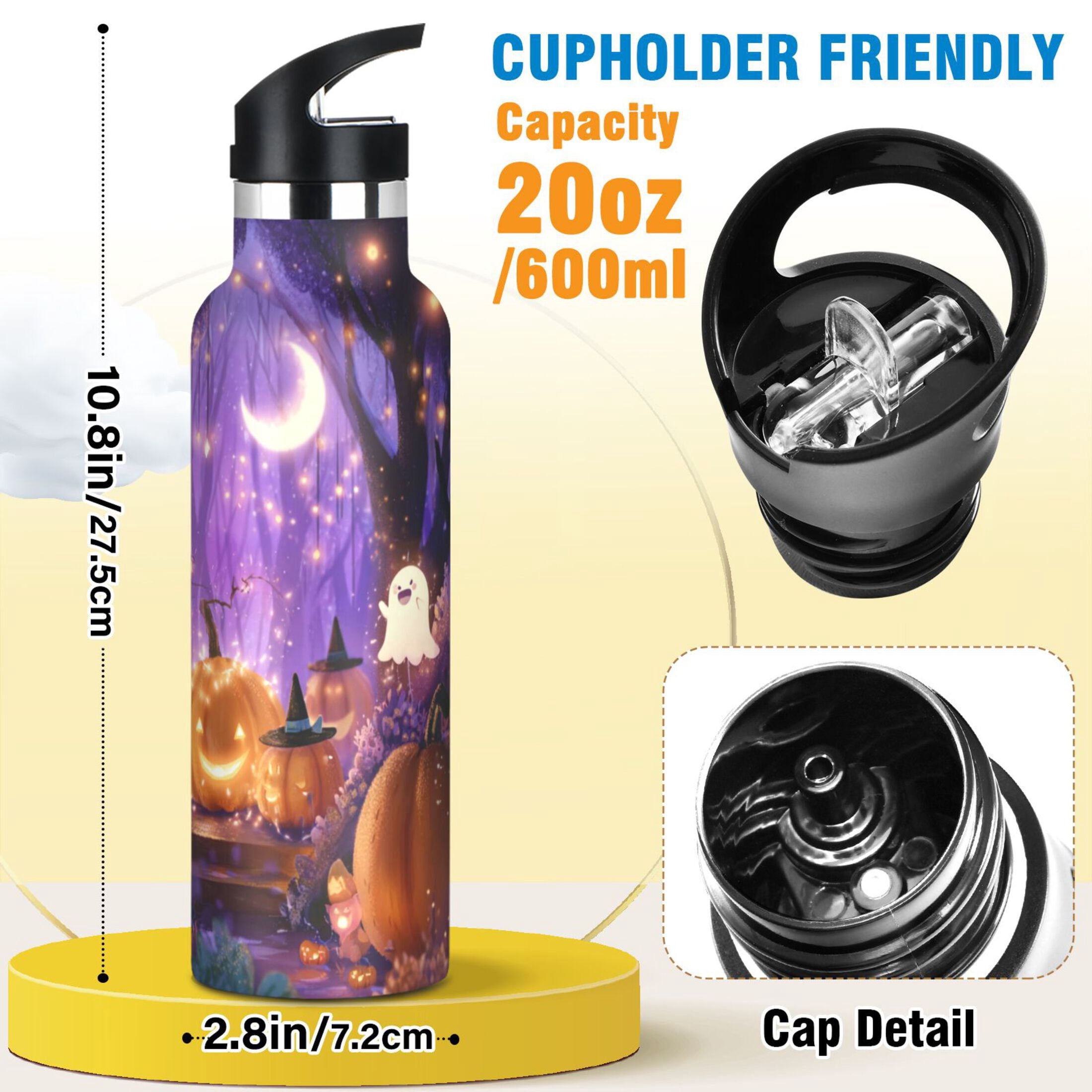 Kids Insulated Stainless Steel Sports Water Bottle 600ml (20oz) Whimsical Cartoon Halloween Scene
