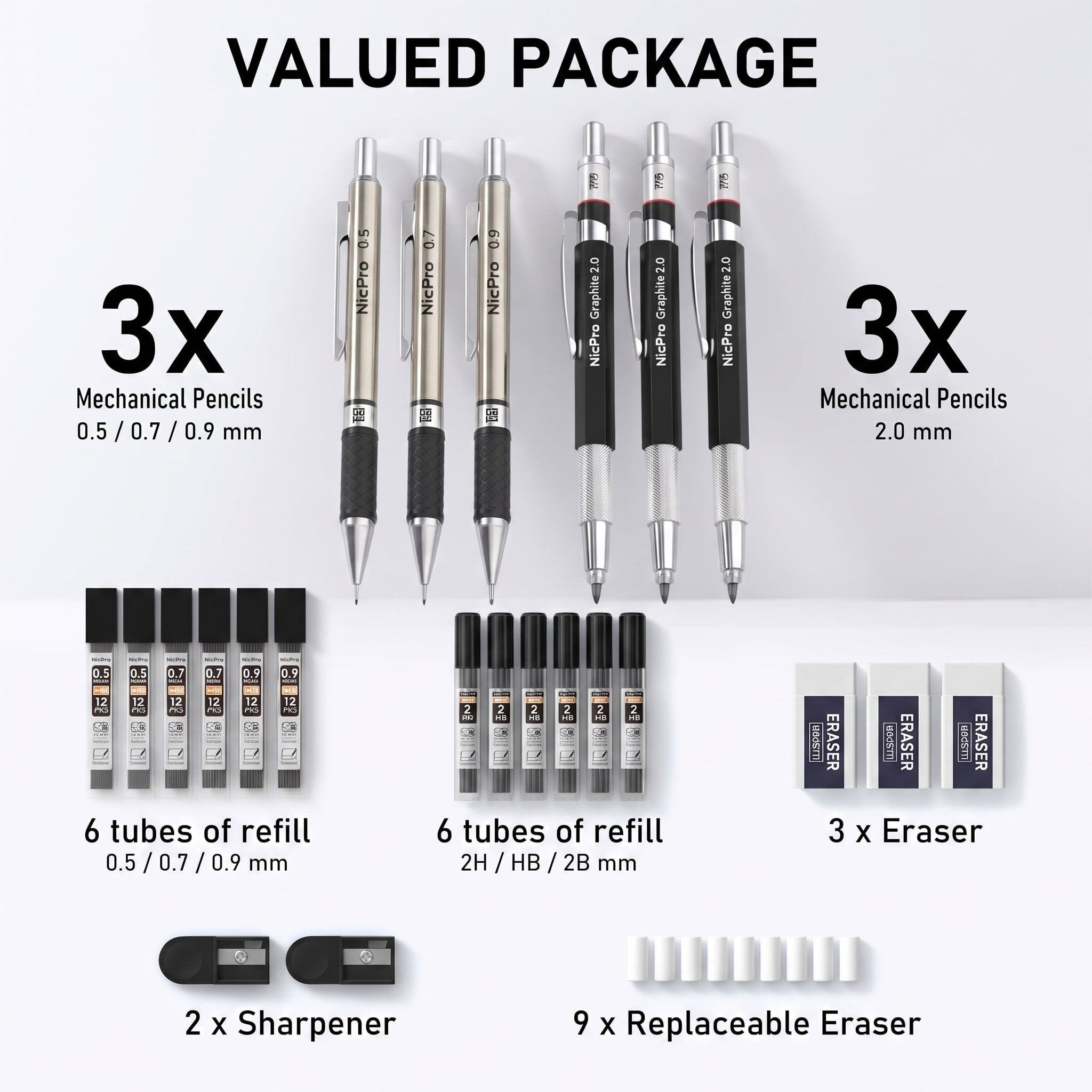 Nicpro 6PCS Art Mechanical Pencil Set, 3PCS Metal Drafting Pencil 0.5 mm & 0.7 mm & 0.9 mm & 3PCS 2mm Graphite Lead Holder (2B HB 2H) with Lead Refills Case
