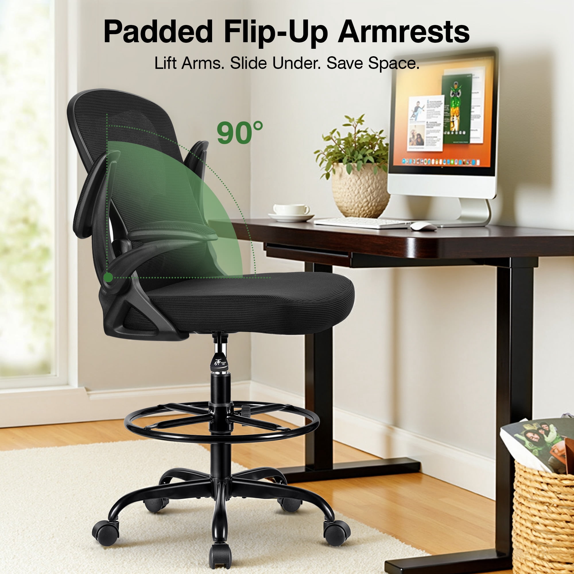 ATHOPE Ergonomic Office Chair, Mesh Desk Chair with Lumbar Support, Tall Office Chair with Flip-Up Armrests and Footrest Ring, Adjustable Computer Chair for Standing Desk Home Office, Black