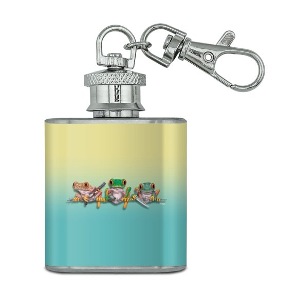 Keep Out Rainforest Frogs Armed Weapons Funny Stainless Steel 1oz Mini Flask Key Chain
