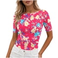 thumbnail image 3 of ClodeEU Women's Summer Print Short Sleeve Crewneck Top with Side Pleats, Slim Fit Casual Blouse Hot Pink,Womens Plus L, 3 of 8