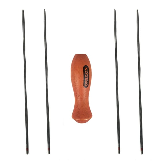 Oregon Double Cut Round Chainsaw Files (4 PK) & Wooden Handle (1) Kit  / 5/32” (4.0mm) / 70504, 30870, 70504-4PK-KIT