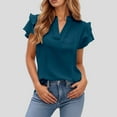 thumbnail image 2 of MIXUE Boho Tops For Women Summer Solid Color V Neck Double Layer Ruffled Short Sleeve Casual Tee Shirts Sportswear,Blue,XL, 2 of 8