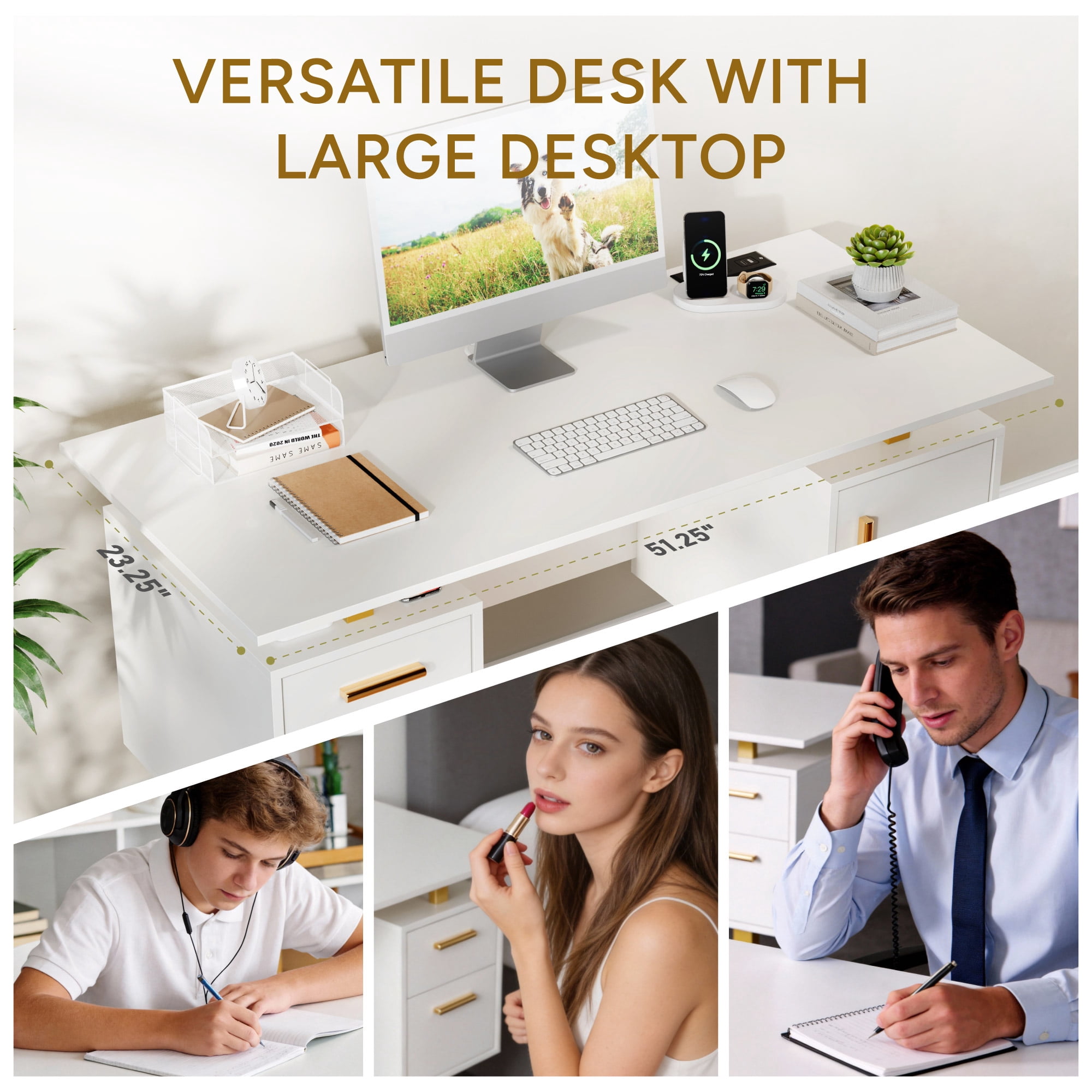 Furnibear Computer Desk with 2 Drawers and Storage Cabinet, Modern Home Office Desk with Built-in Outlets, USB Ports, White