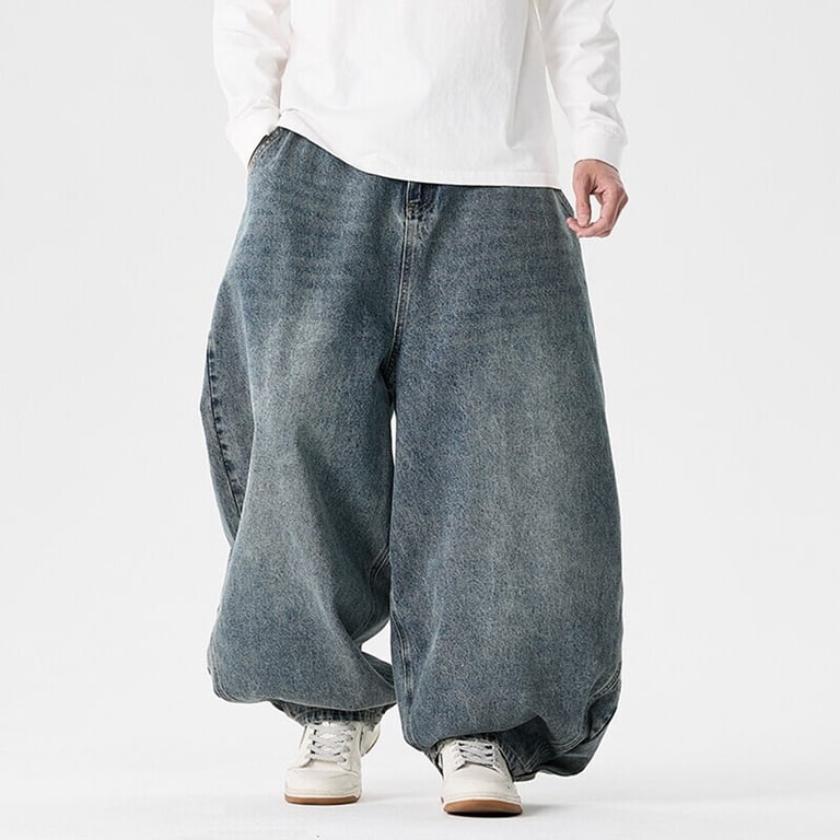 XIAOCHA Mens Faded Wash Denim Pant Super Baggy Full Length High