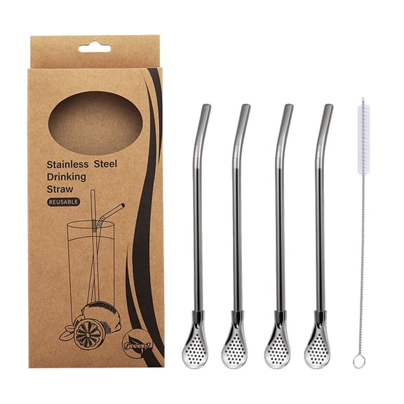 Byujiro 4 Pack Stainless Steel Straw Spoons, Reusable 2-in-1 Drinking Straws & Stirring Spoons with Cleaning Brush, Multi-Functional Metal Straws for Coffee, Smoothies & Drinks