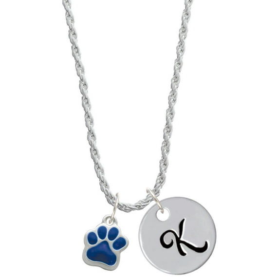 Delight Jewelry Silvertone Small Royal Blue Paw Silvertone Script Initial Disc - K - Charm Necklace, 20"+3"