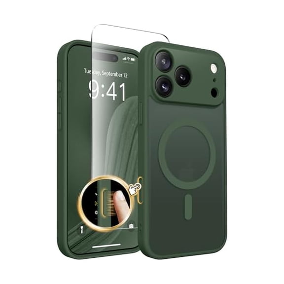 ZHU997 Magnetic for iPhone 17 Pro Max Case, Upgraded [Full Camera Protection] [Compatible with MagSafe] Protective Translucent Matte Women Girl Phone Case Cover, Deep Green