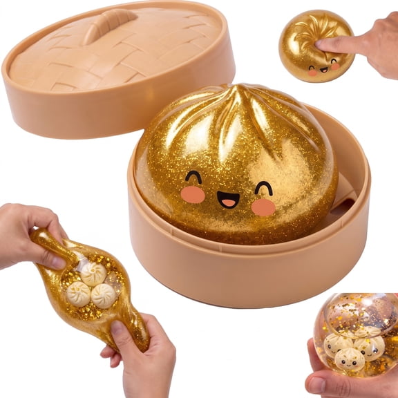CQHVKQ 4" Mystery Squishy Dumpling Toy Giant, Glitter Dumpling Squishy Mystery Box, Dumpling Stress Squeeze Balls with Steamer Box, Stress Relief Dumpling Squishy Toys for Anxiety Relief, Gold