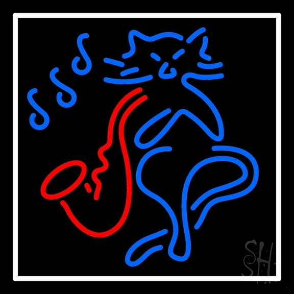 Saxophone Cat Logo White Border LED Neon Sign 16" Tall x 16" Wide - inches Black Square Cut Acrylic Backing, with Dimmer - Premium built indoor Sign for Studio, Club, Décor, Event, Storefront.