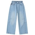 thumbnail image 4 of HUANBAI Loose Wide Leg Pants For Girls Straight Cut Denim Trousers With Patchwork Design Casual Comfortable Kids Bottoms Girl's Lightweight Pants 5-6 Years, 4 of 6