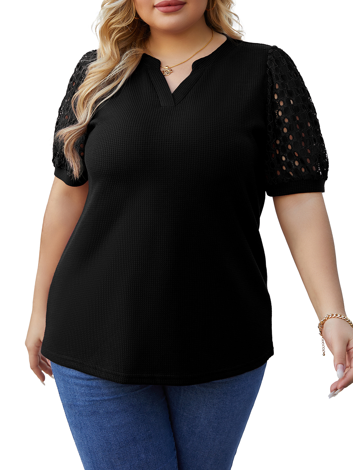 Cueply Women's Plus Size Tops Summer Short Sleeve Dressy Casual Blouse Shirts Waffle Knit Lace