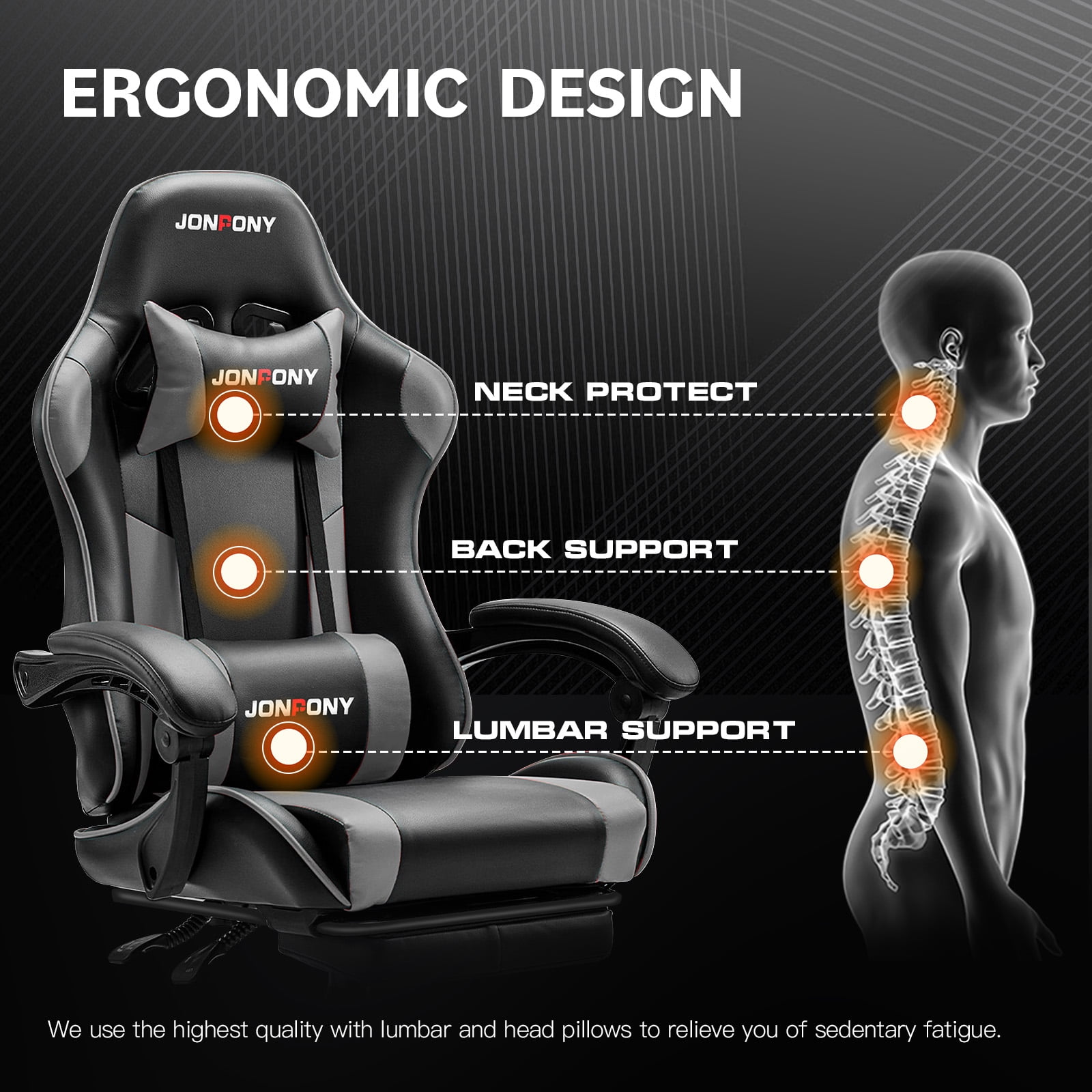 JONPONY Big and Tall 400LBS Gaming Chair, Ergonomic Design, Gamer Chair PU Leather with Footrest and Lumbar Support, High Back Office Chair Support 8 Hours Long Sitting, Computer Chair,Black Grey