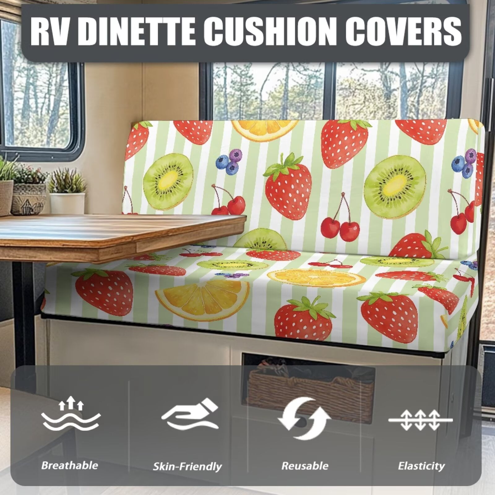 Psesaysky Dinette Seat Covers 2 Pcs Stretchable Camper Cushion Slipcover Colorful Fruits RV Couch Cover with Elastic Edge Non-Slip Sofa Slipcover for Travel Trailer RV Accessories